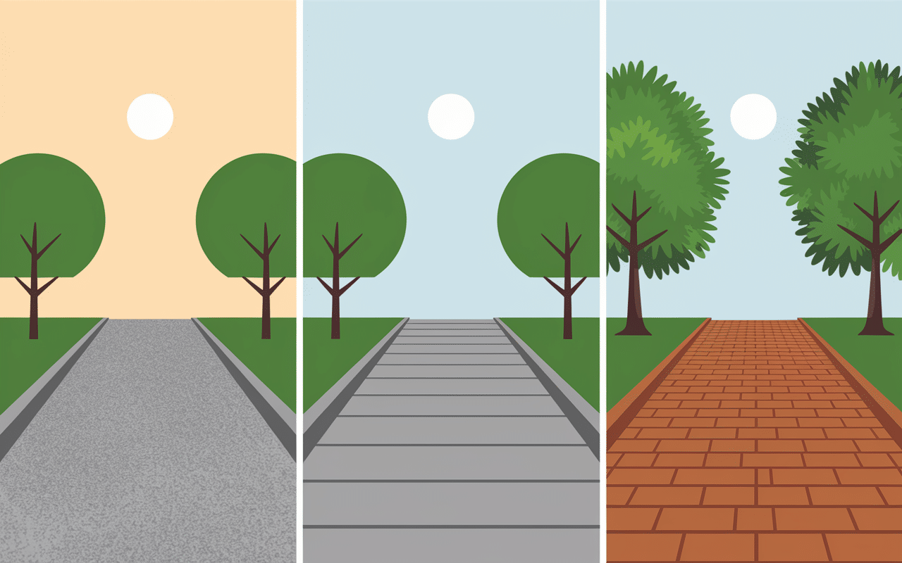 Comparaison allées gravier, béton et paillis