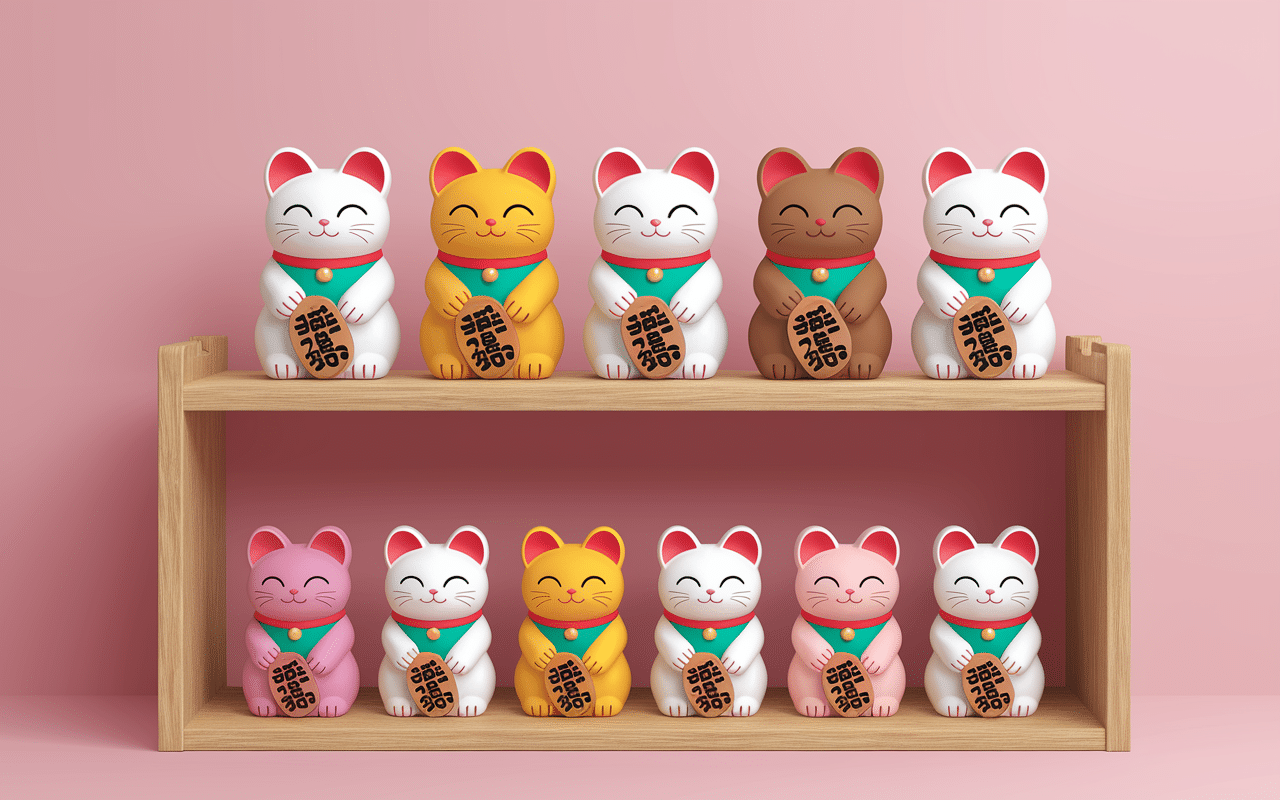 Variétés de chat japonais porte bonheur sur étagère