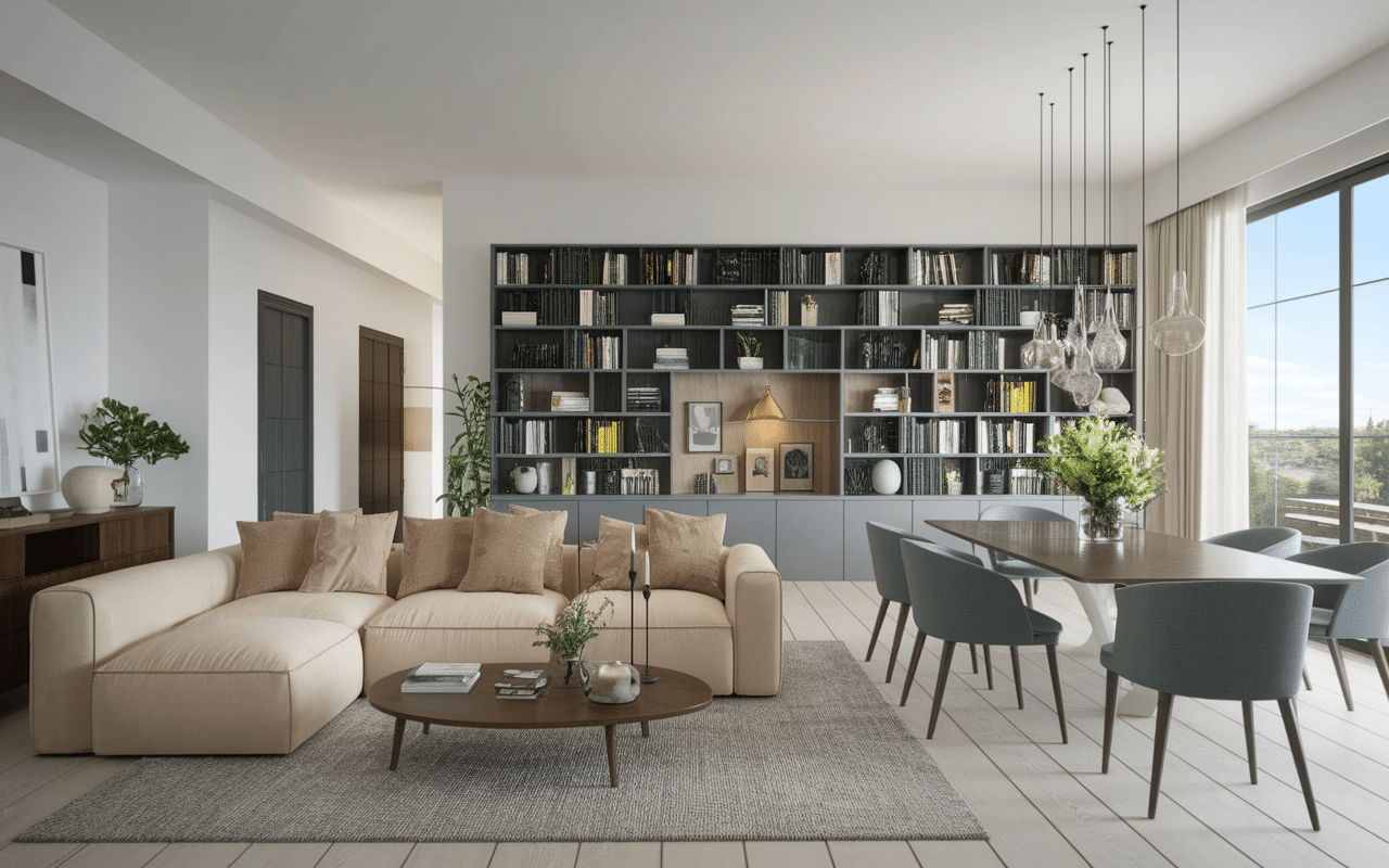 Délimitation visuelle salon salle à manger 20m2 avec tapis