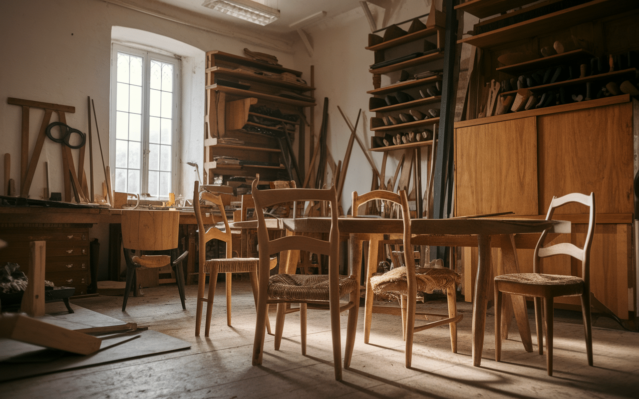 Atelier menuiserie français traditionnel avec chaises Baumann