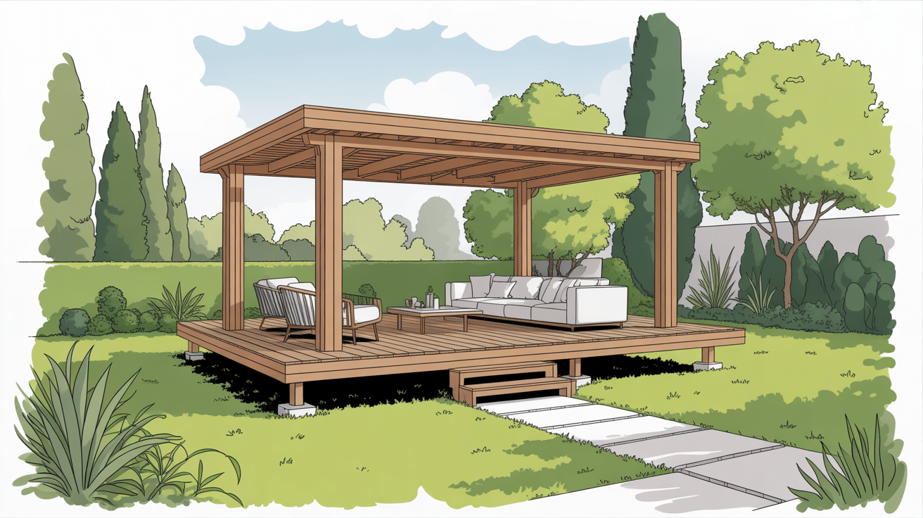 Terrasse bois sur pilotis avec mobilier et jardin