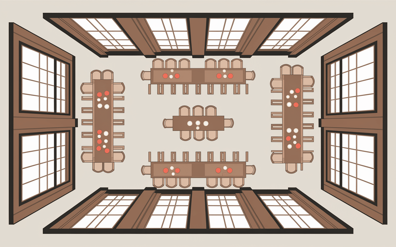 Plan vue dessus salon salle à manger 20m2 avec dispositions