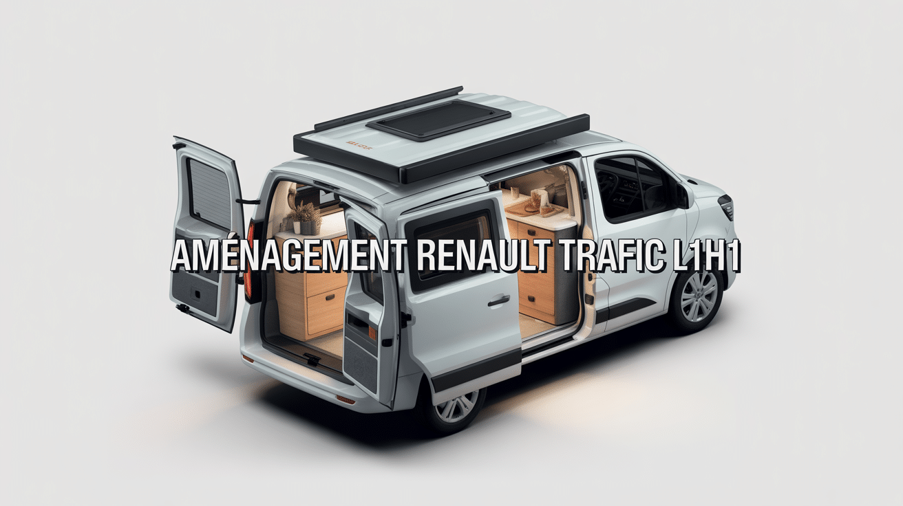 Vue isométrique fourgon camping-car, mobilier bois, plan aménagement Trafic L1H1