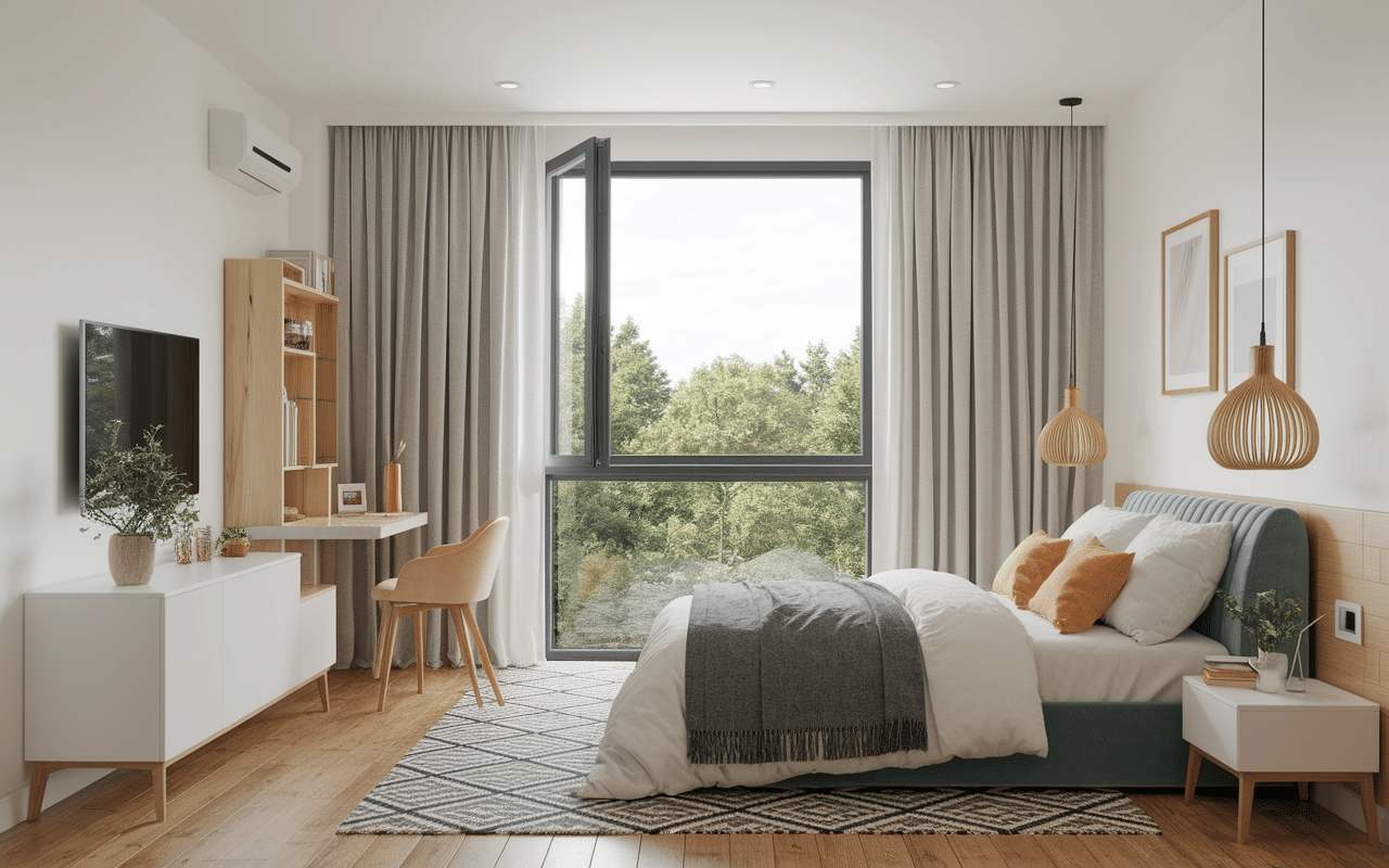 Fenêtre ouverte et déshumidificateur en chambre