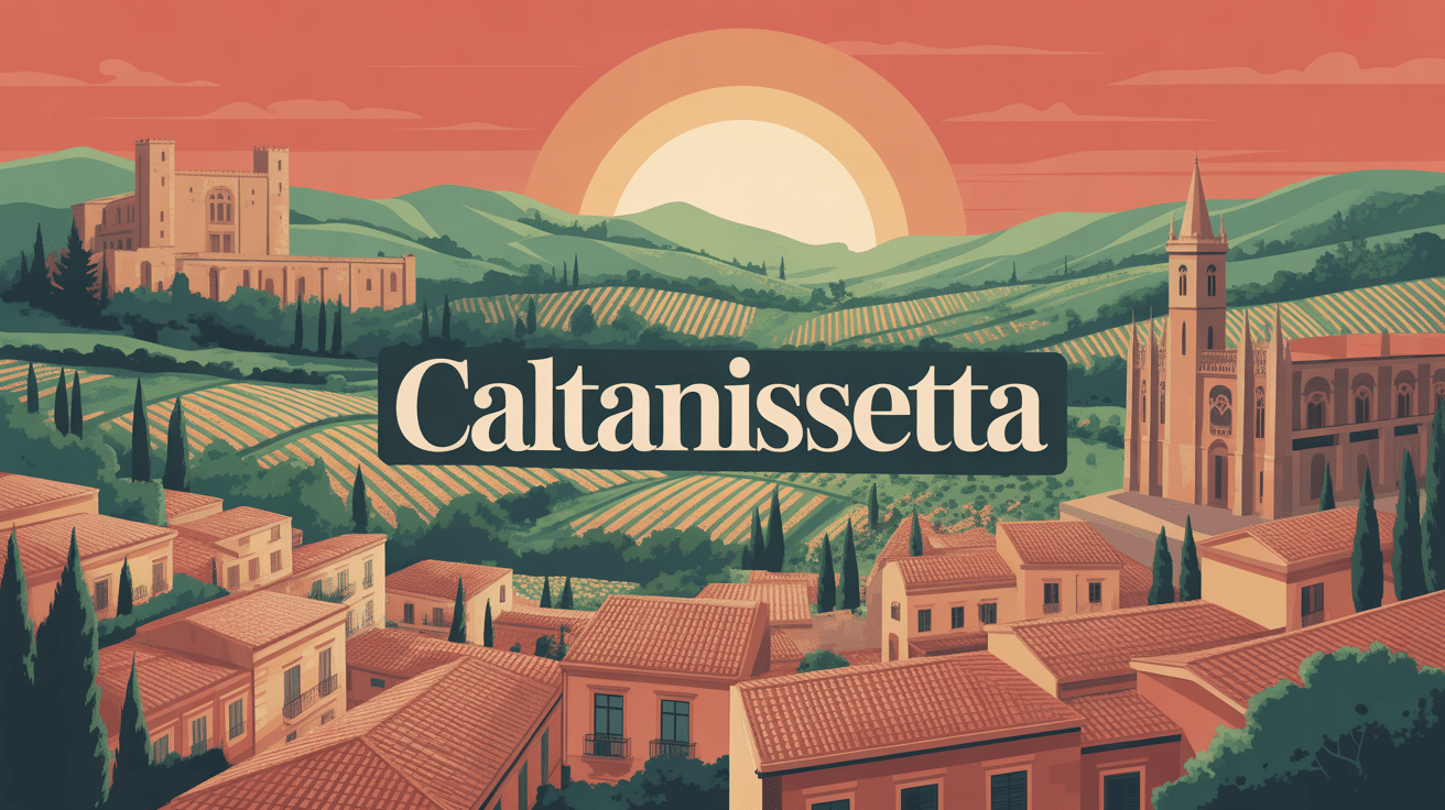 Vue panoramique de Caltanissetta avec château, cathédrale et collines