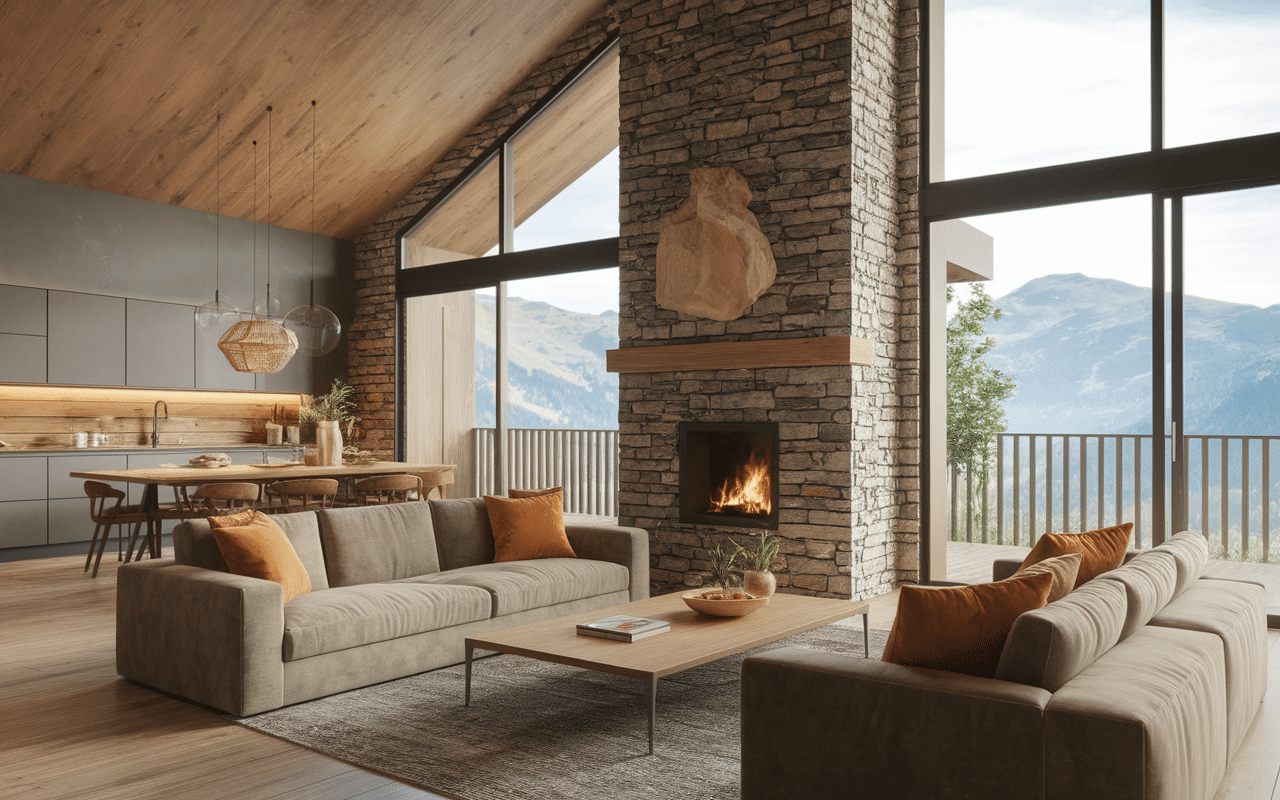 long trail house interieur salon cheminee montagne