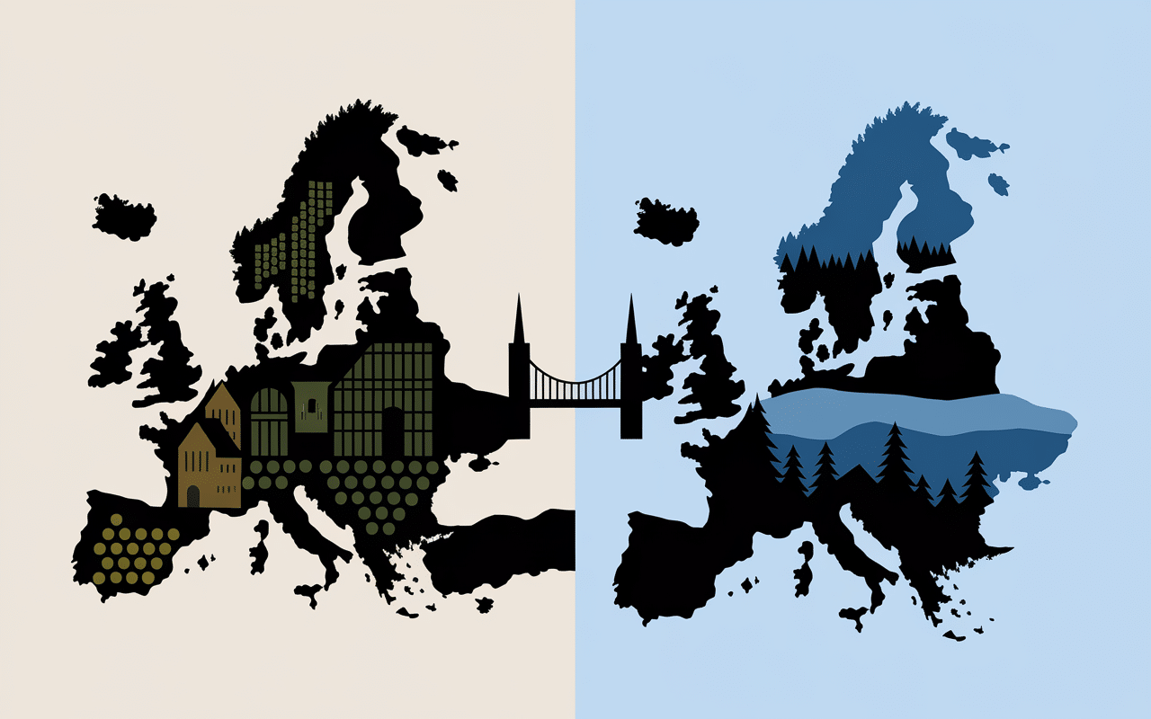 France et Finlande silhouettes, vignobles et lacs pays en f