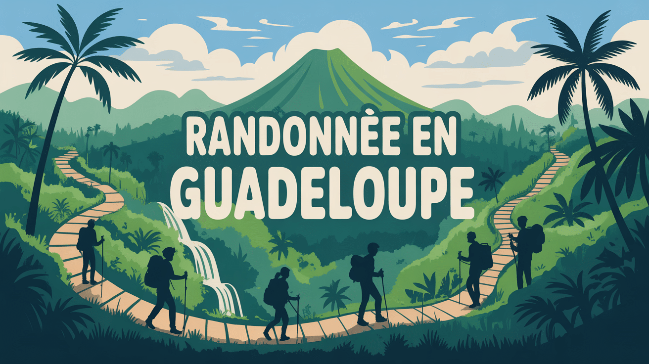 Paysage tropical, randonneurs, volcan, randonnée Guadeloupe