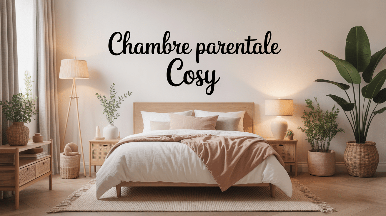 Illustration chambre parentale cosy avec lit douillet, lumière douce et déco raffinée