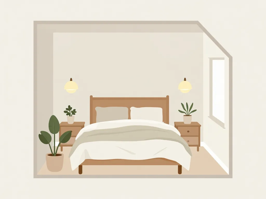 diagramme chambre parentale cosy avec lit central, éclairage doux et matières naturelles