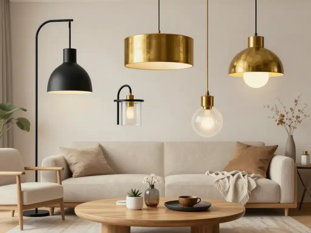 Salon moderne avec plusieurs styles de luminaires et matières variées