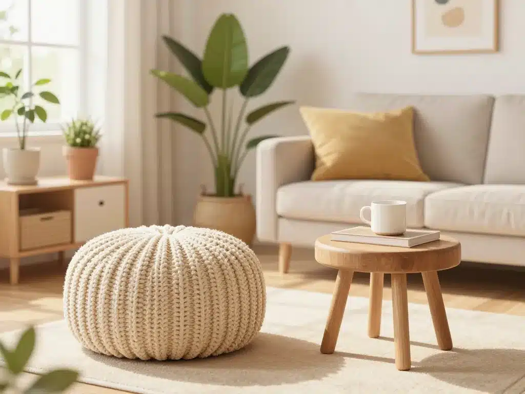 Salon cosy avec pouf ou tabouret déco