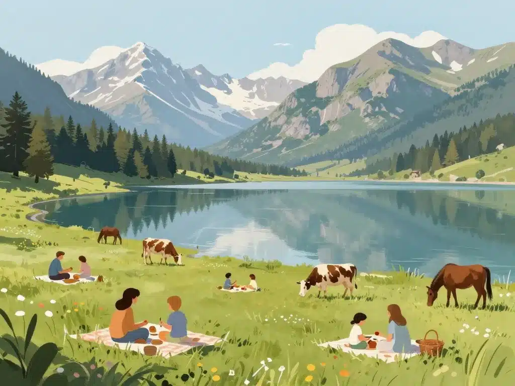 Famille pique-nique et animaux lac d'Estaing