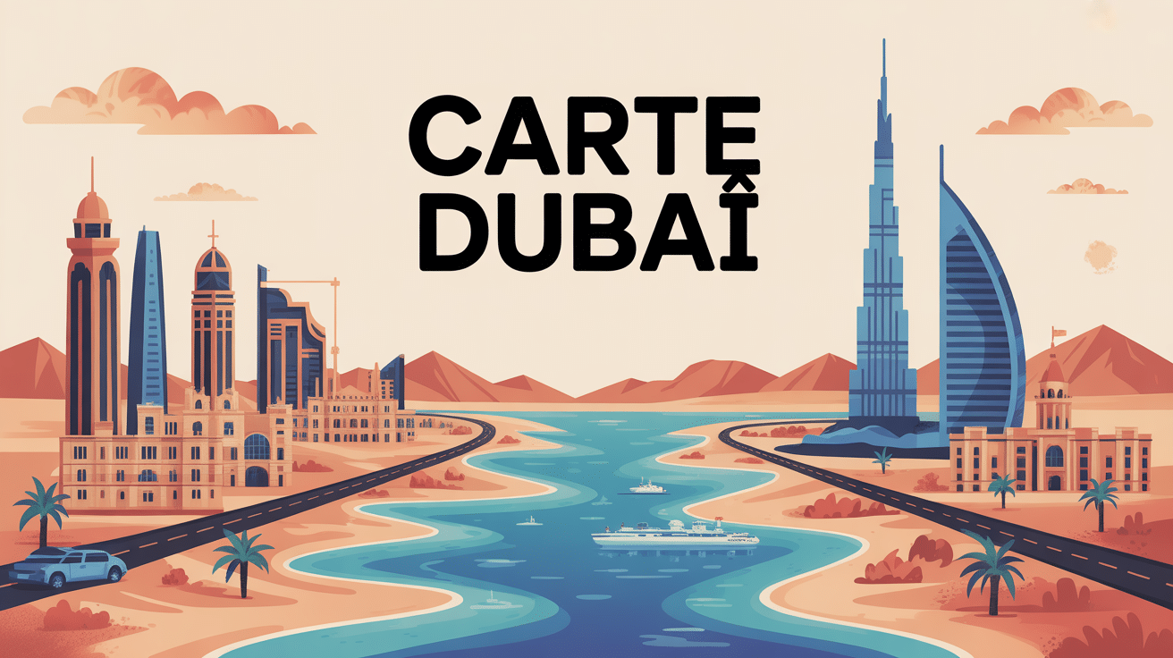 Carte dubai stylisée avec gratte-ciel et quartiers iconiques