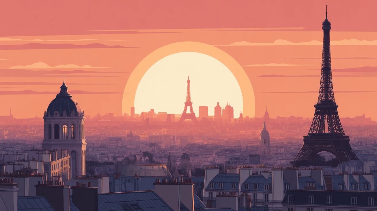 Lever du soleil Paris urbain stylisé lumière dorée