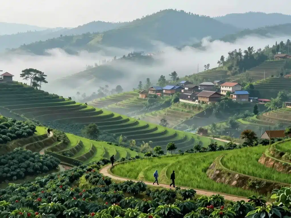 Vue nature Munduk rizières plantations brume Bali