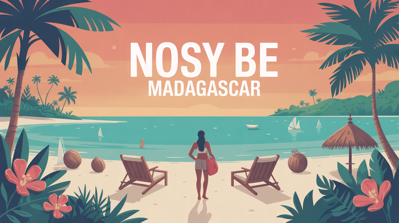 Illustration tropicale Nosy Be Madagascar plages cocotiers
