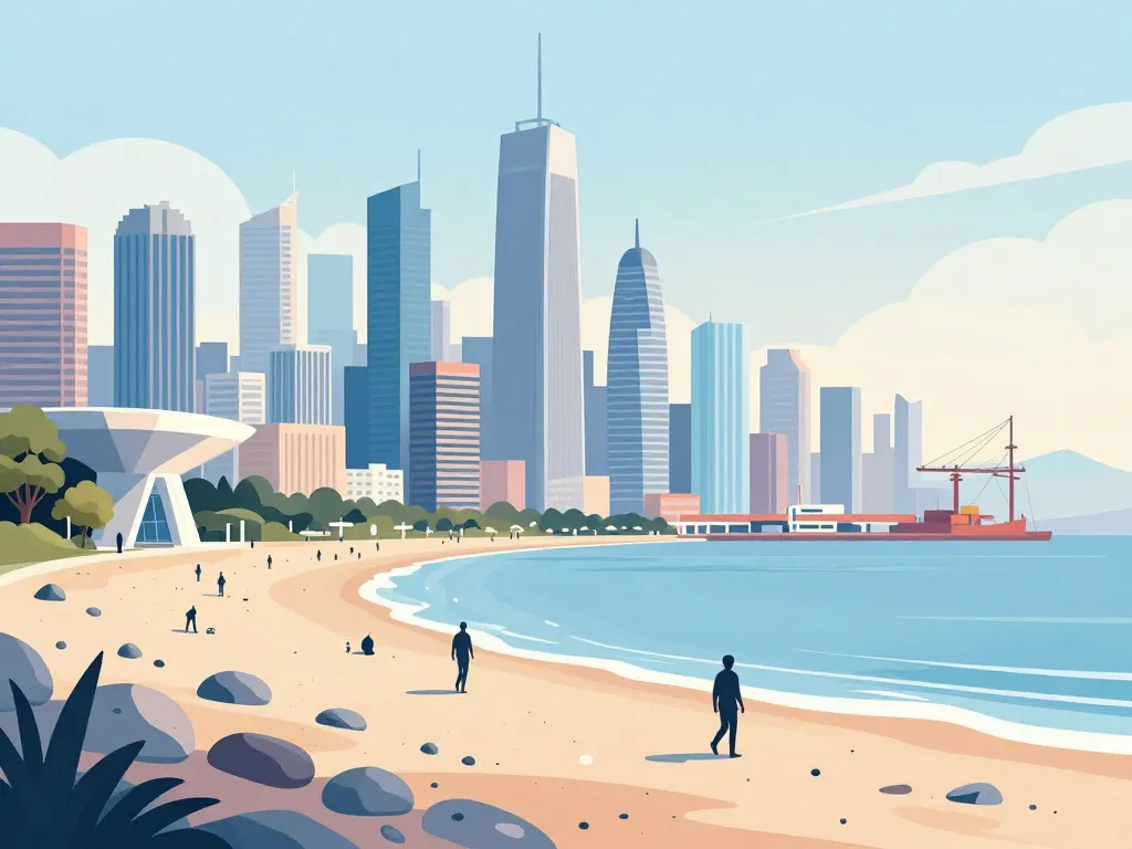 Ville et front de mer plage du Havre illustration stylisée