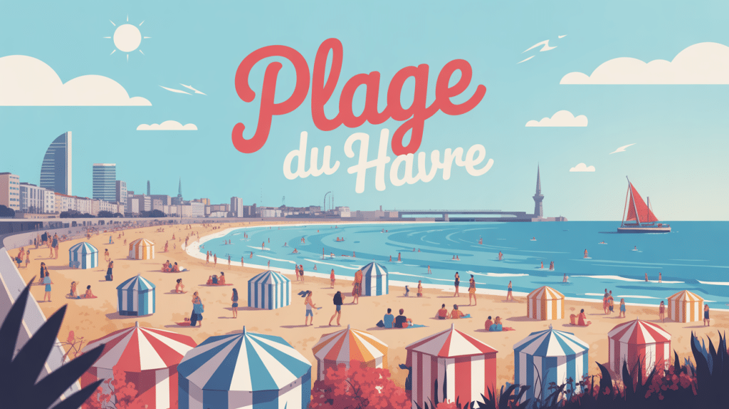 Illustration panoramique plage du Havre galets, océan et ville