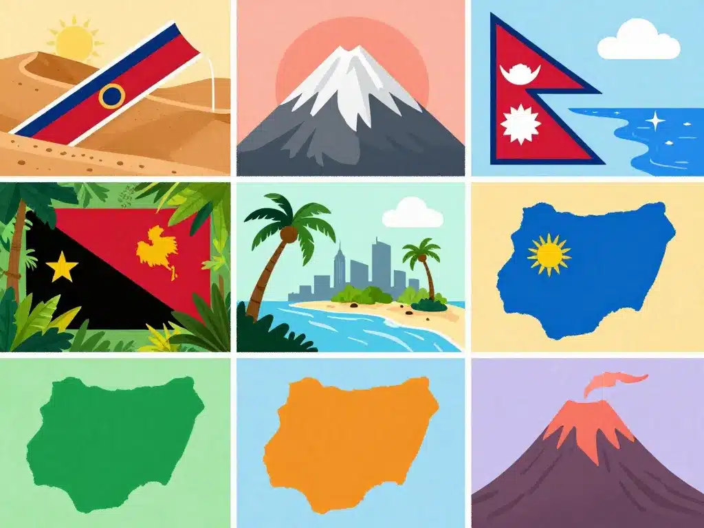 Symboles des neuf pays en n dans une illustration éducative