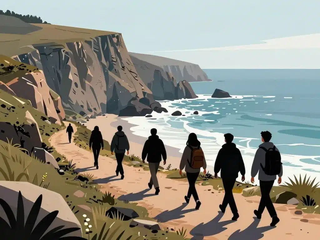 Hikers sur sentiers pointe de Pen Hir presqu'île Crozon