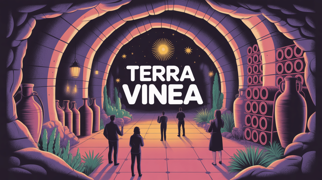 Illustration immersive Terra Vinea dans galeries souterraines avec tonneaux