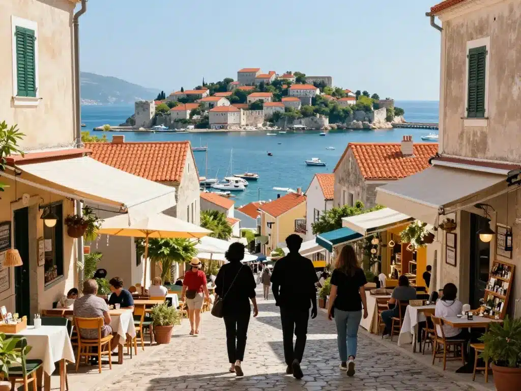 Scène vivante visiteurs ville close Concarneau entre boutiques et port