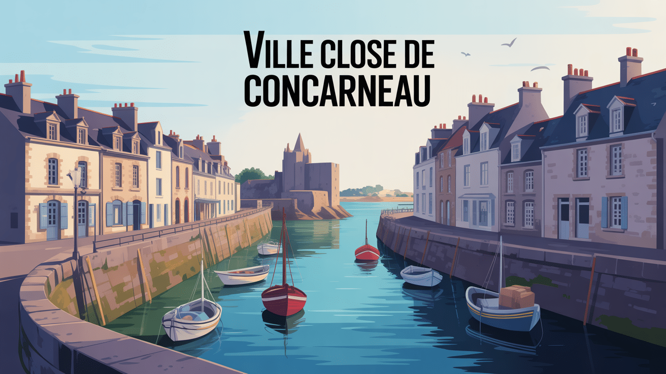 Illustration vectorielle colorée de la ville close Concarneau, remparts et mer