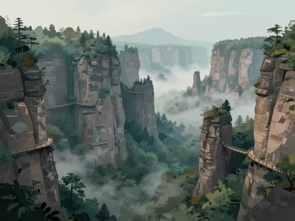 piliers grès zhangjiajie sentiers brume matinale