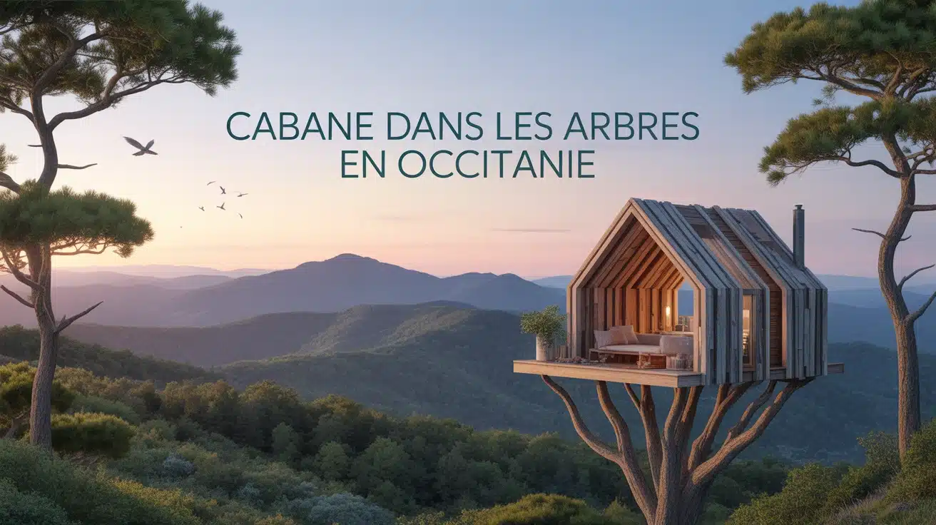 Cabane dans les arbres en Occitanie avec forêt et montagnes au coucher du soleil