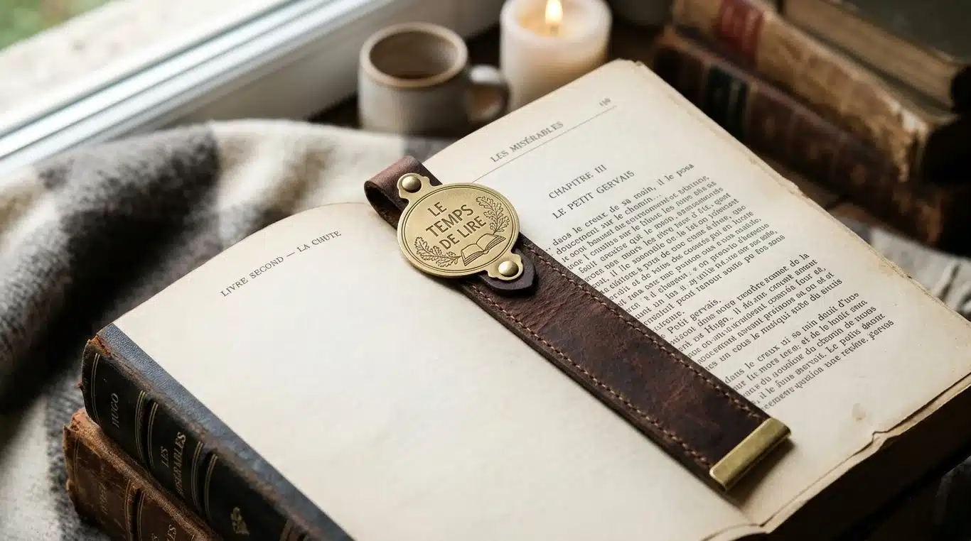 Marque-page élégant en cuir et laiton dans un livre