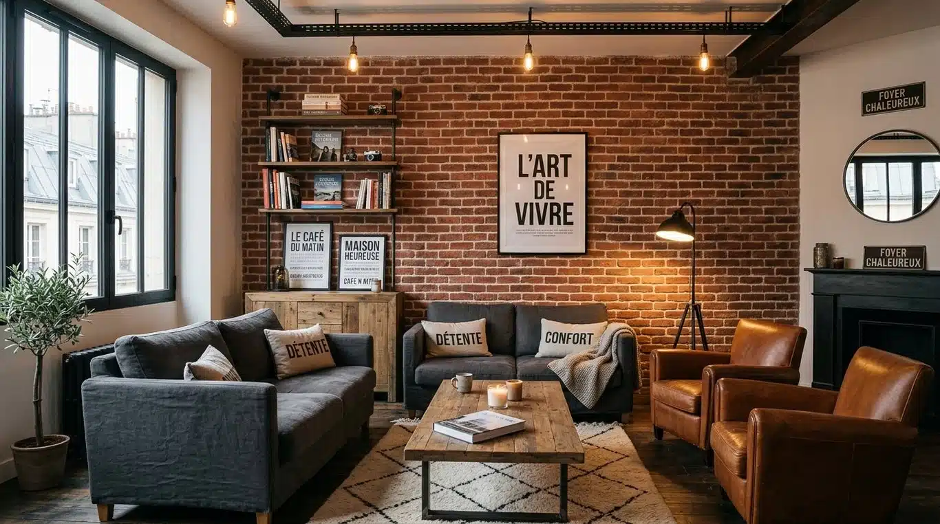 Salon moderne avec un mur en brique rouge