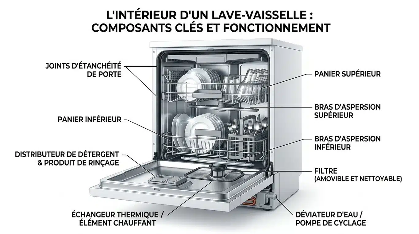 Schéma des zones à nettoyer dans un lave-vaisselle