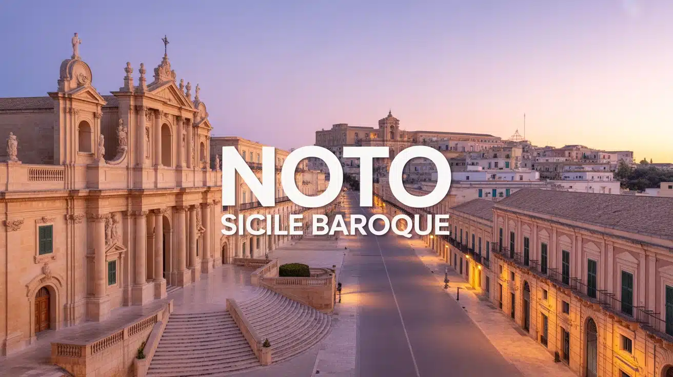 Vue stylisée de Noto Sicile baroque avec façades en pierre calcaire