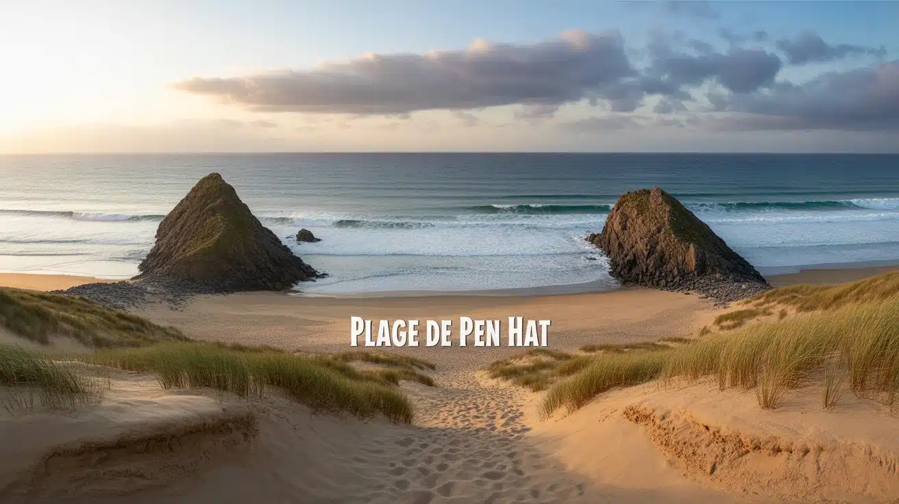 plage de Pen Hat entre pointes rocheuses et dunes au coucher du soleil