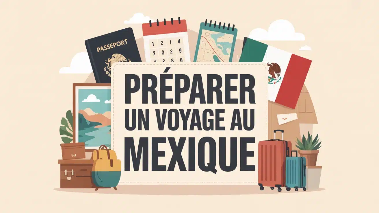 Illustration vectorielle Préparer un voyage au Mexique avec icônes et couleurs chaudes