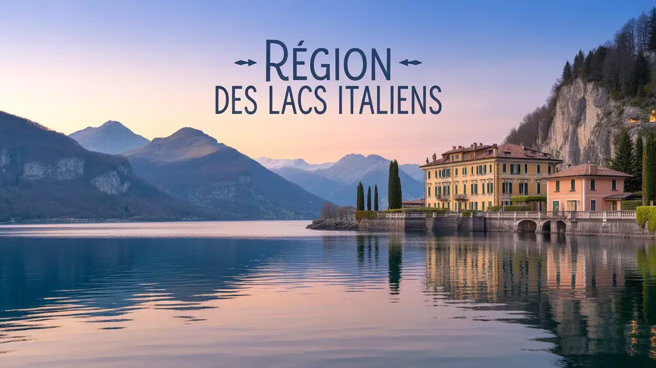 illustration vectorielle région des lacs italiens montagnes et villas au bord de l'eau