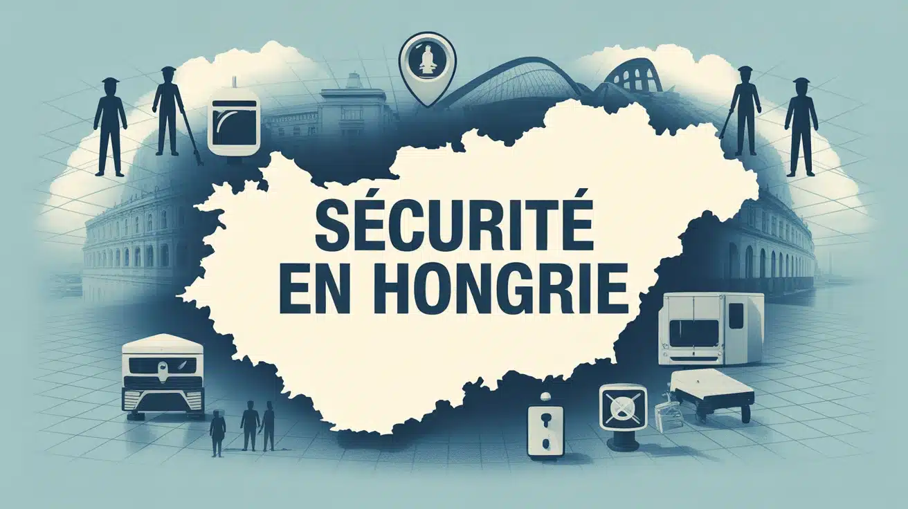 carte stylisée de la Hongrie avec icônes de sécurité