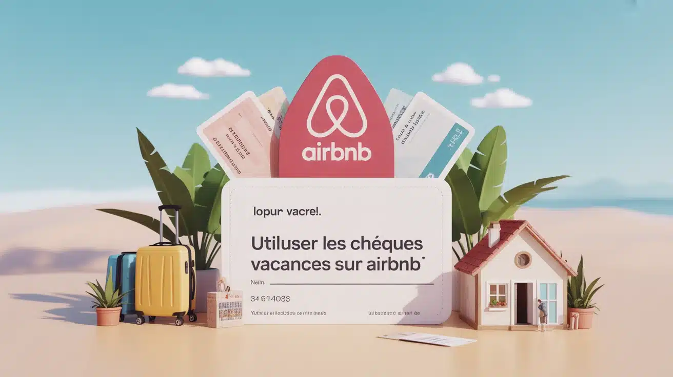 Illustration utiliser les chèques vacances sur Airbnb avec logo et symboles de voyage