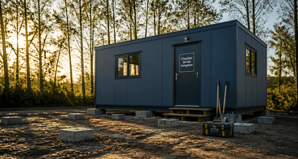 bungalow préfabriqué sur terrain avec plots béton