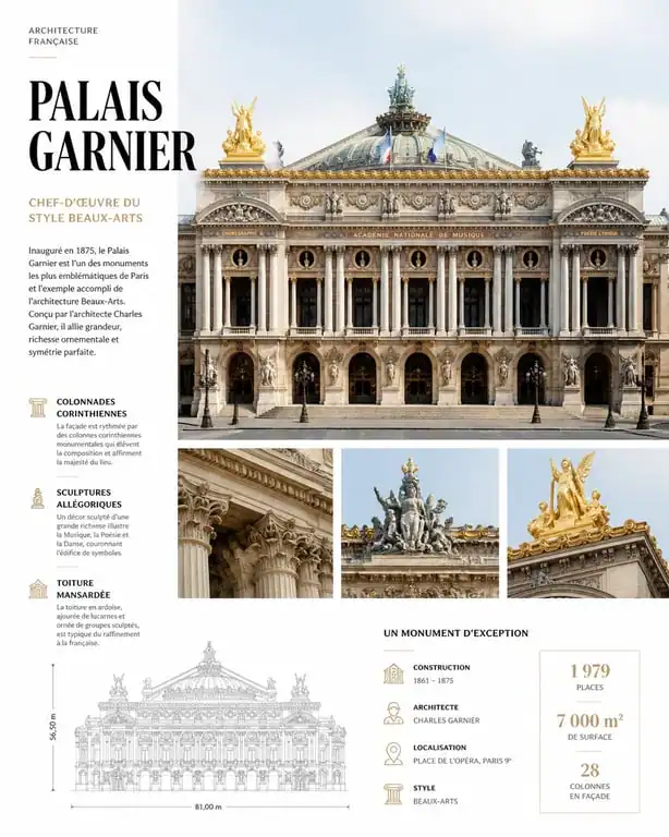 Façade monumentale représentative du style Beaux-Arts avec ses ornements classiques et sa symétrie.