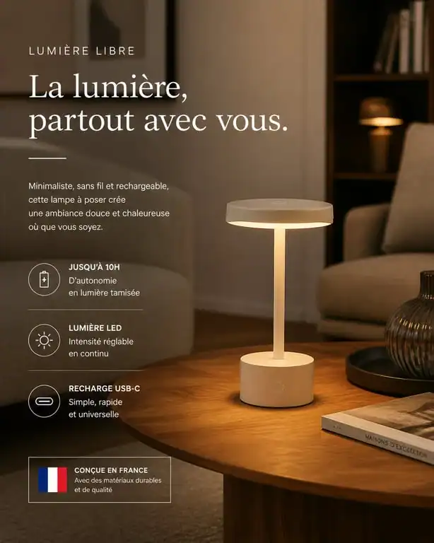 Lampe à pile design posée sur une table basse dans un salon moderne