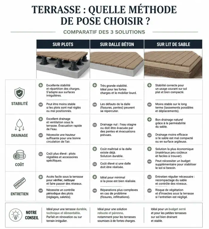 Tableau comparatif des méthodes de pose de terrasse : plots, béton et sable pour évaluer les inconvénients d'une terrasse sur plots