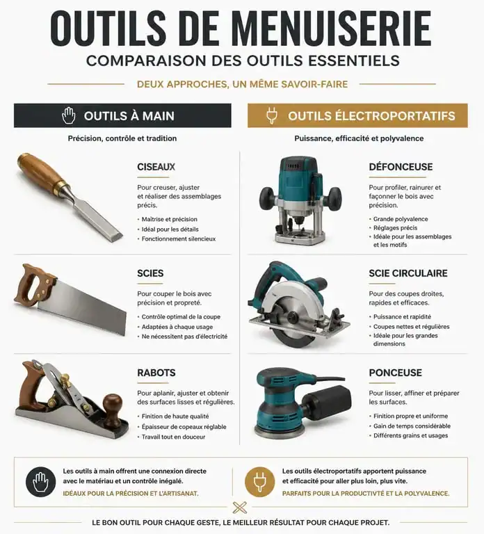 Infographie des outils de menuisier indispensables pour débuter et progresser