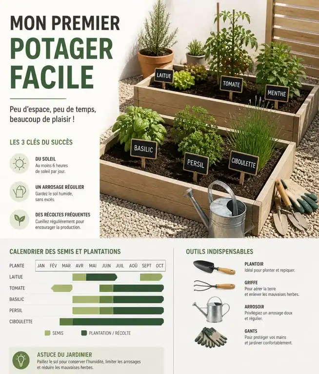 Jardinier facile : petit potager organisé avec outils minimalistes pour débutant