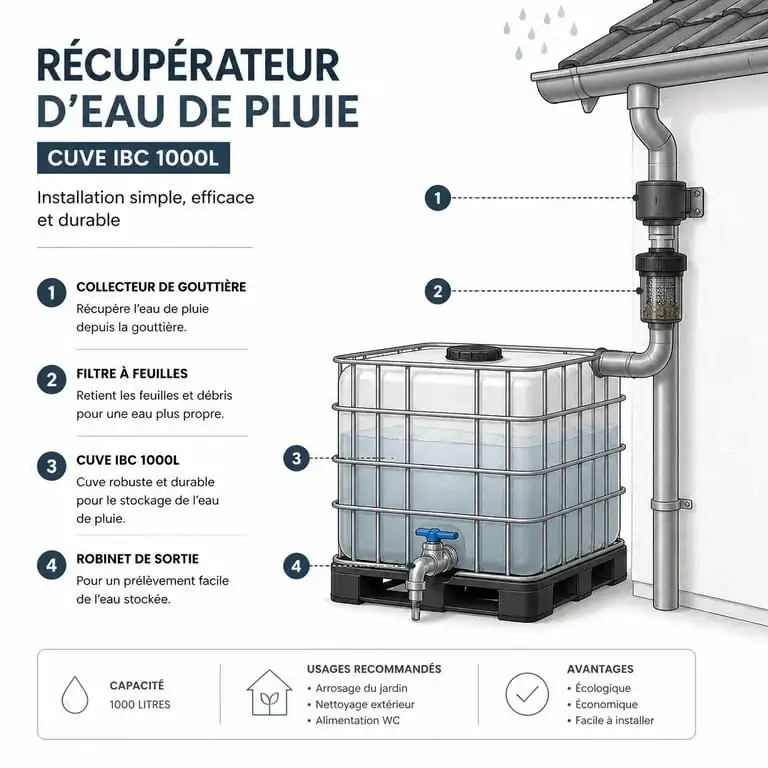 Schéma d'installation d'un récupérateur d'eau 1000L avec accessoires