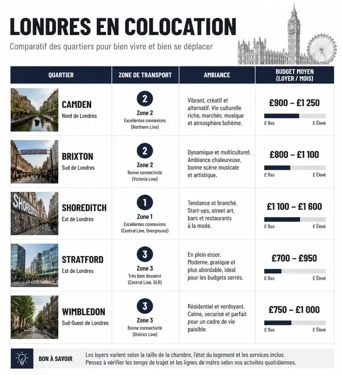 Comparatif des quartiers pour une colocation à Londres : zones, ambiance et budgets moyens