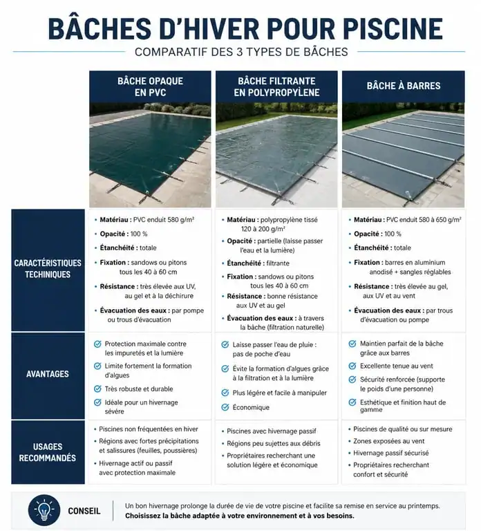 Comparatif des types de bâches d'hiver pour piscine : bâche opaque, filtrante et à barres.