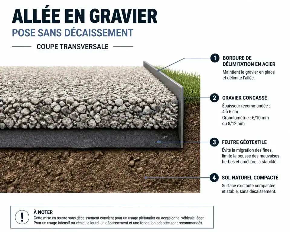 Schéma technique de pose de gravier sans décaissement avec géotextile et bordure