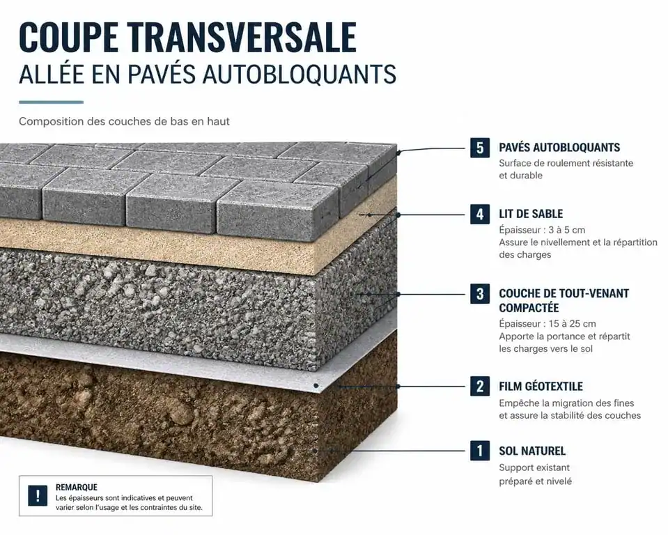Schéma de coupe transversale pour la pose de pavés autobloquants